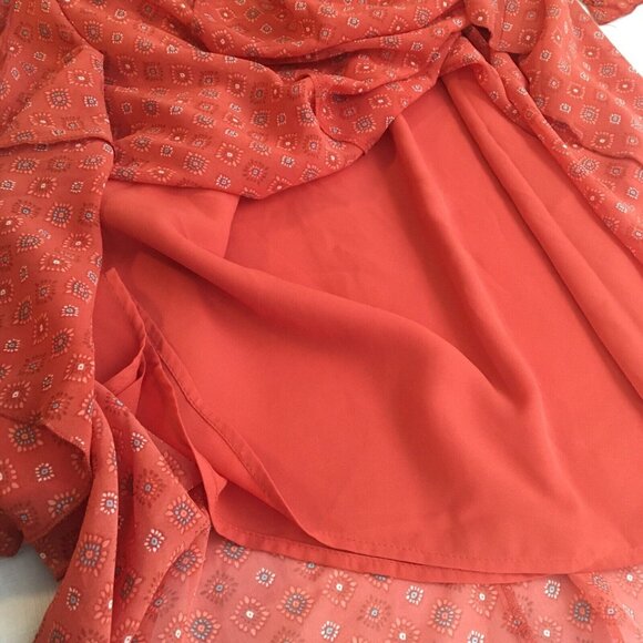 Boho Handkerchief hem Dress Women Large 12/14 red Orange print Long Sleeve - Picture 16 of 16